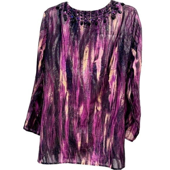 Chico’s Size 2 (US 12) Purple & Black Sheer Long Sleeve Embellished Tunic - Picture 2 of 5